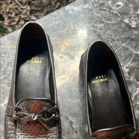 Stuart Weitzman Brown Perforated Leather Slip-On Loafers - Picture 4 of 7